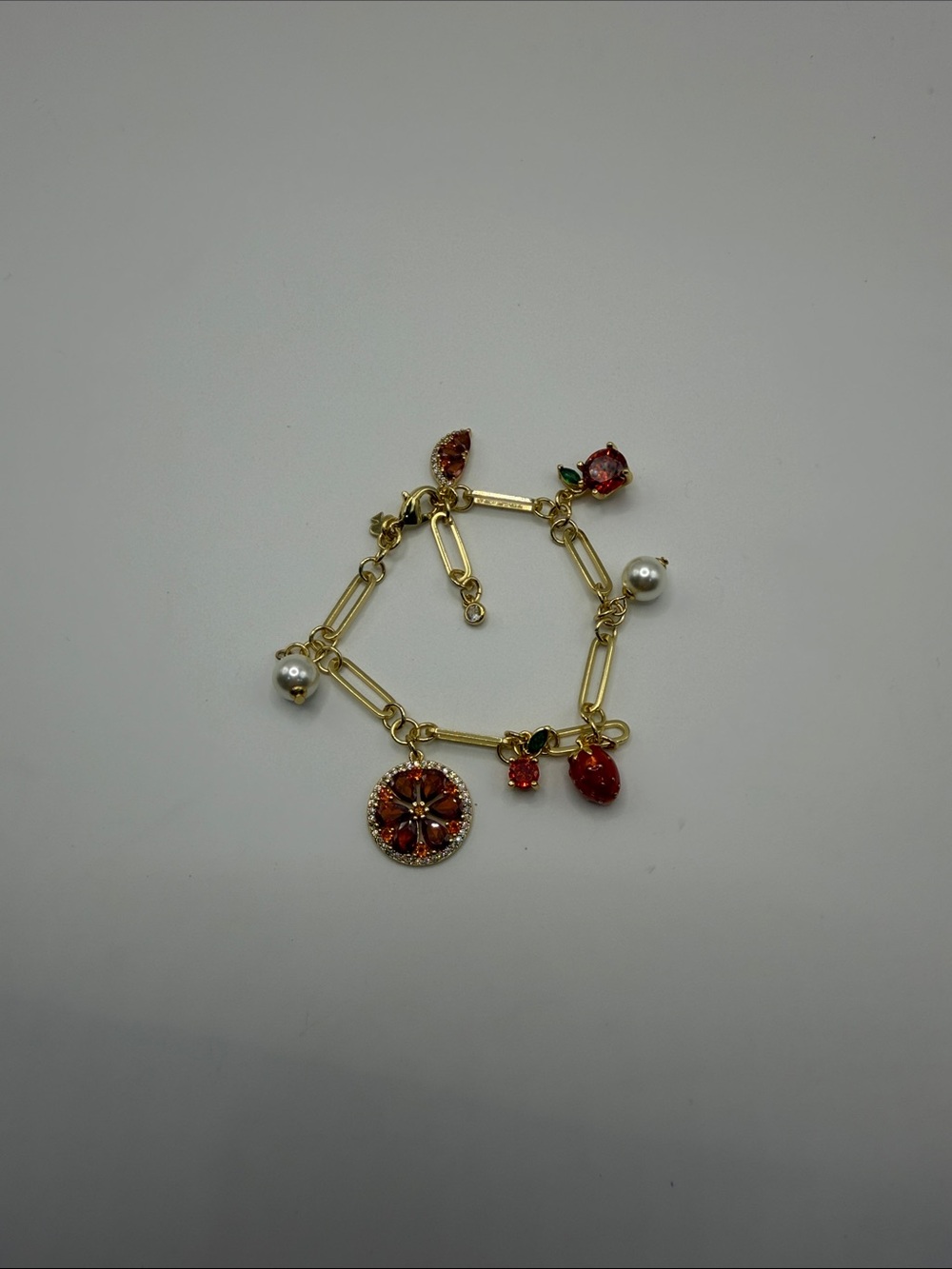 118. kate spade Gold-Tone Bracelet with Fruit Charms and Pearls 6 1/2” - 7 1/2”